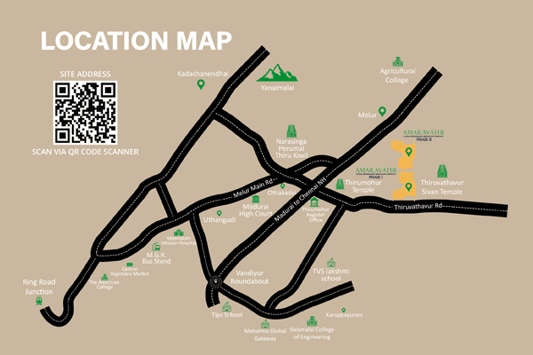 Amaravathi Phase II location map near Thiruvathavur Road with easy access to schools, colleges, temples, junctions, and key landmarks in Madurai region.