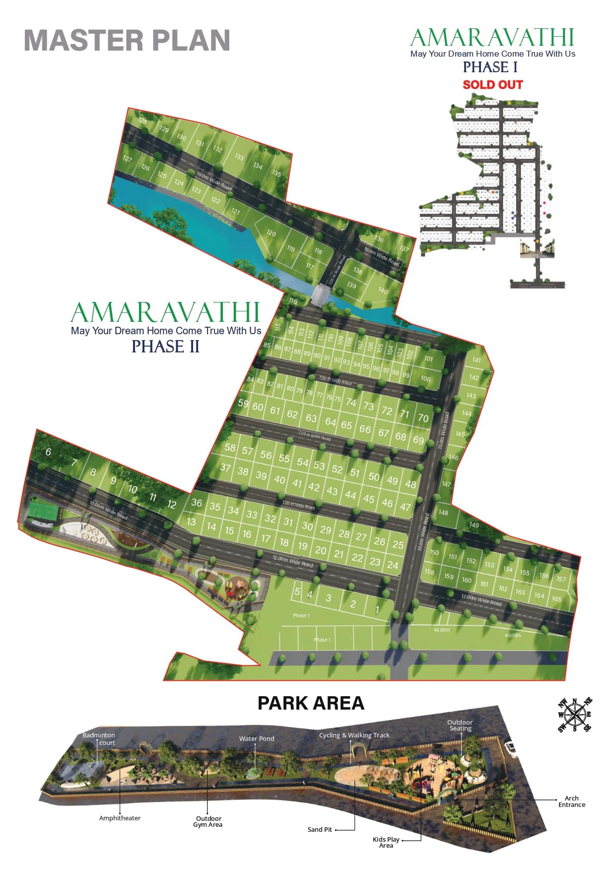 Amaravathi Phase II master plan layout showing plotted residential sites, internal roads, park area, green landscaping, and project zoning details.