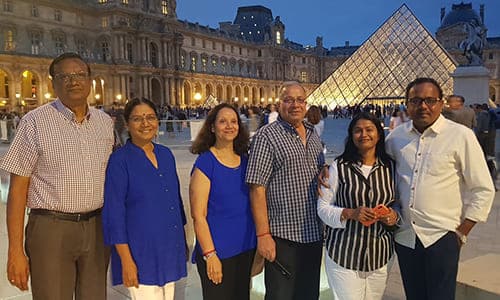 Group visiting Paris with iconic architecture and city landmarks in the background